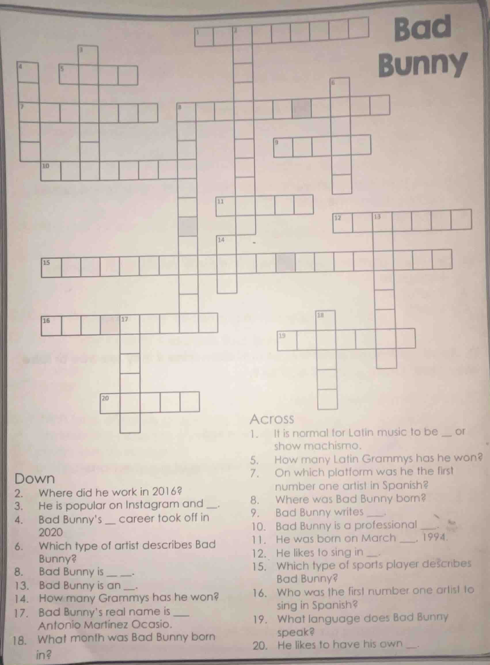 bad bunny across 1. it is normal for latin music to be __ or show machi…