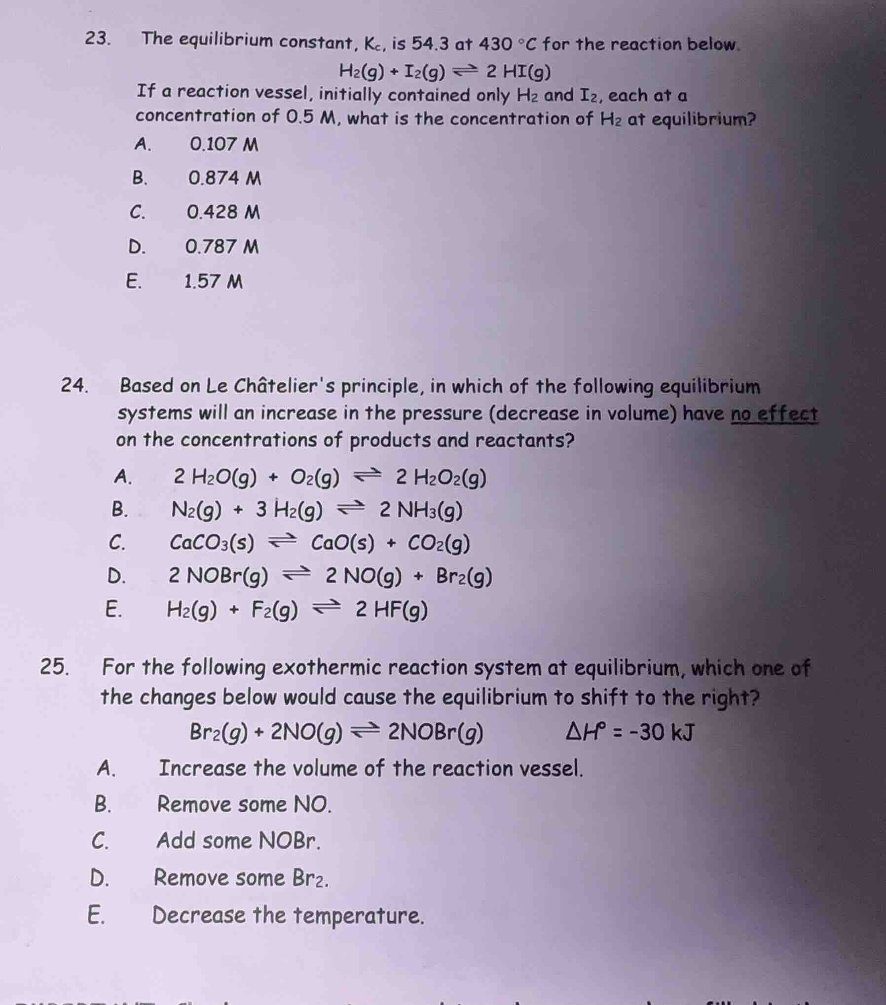23. the equilibrium constant, $k_c$, is 54.3 at 430 $^circ$c for the re…