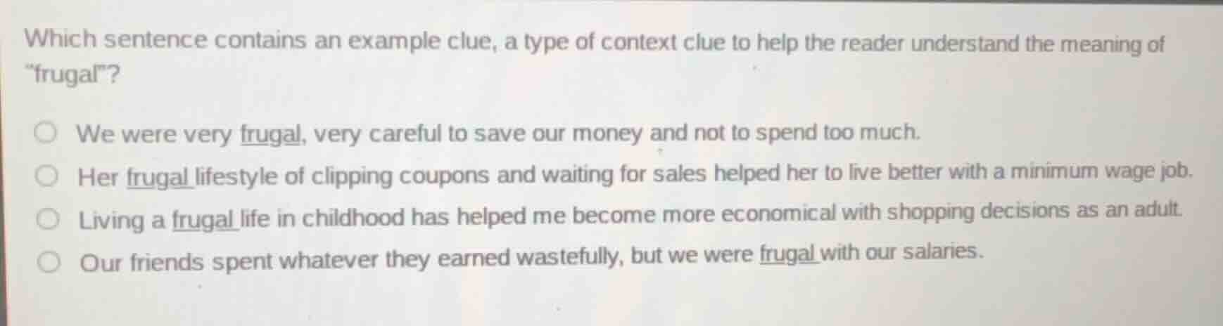 which sentence contains an example clue, a type of context clue to help…