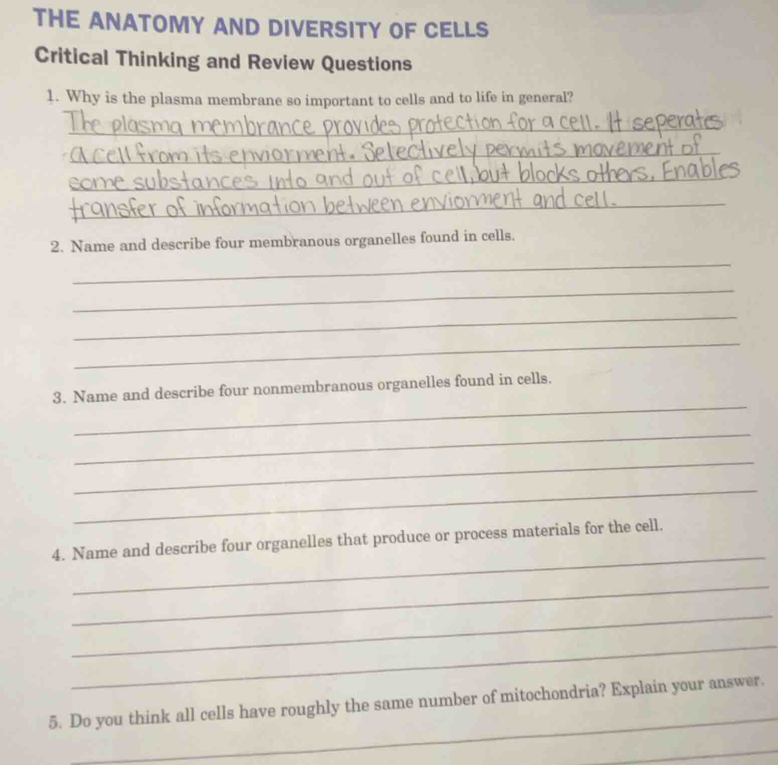 the anatomy and diversity of cells critical thinking and review questio…