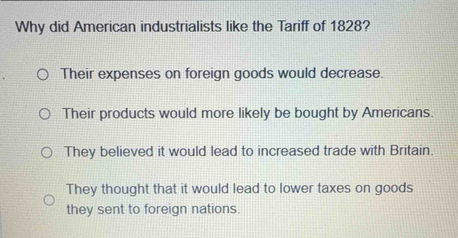 why did american industrialists like the tariff of 1828? ○ their expens…