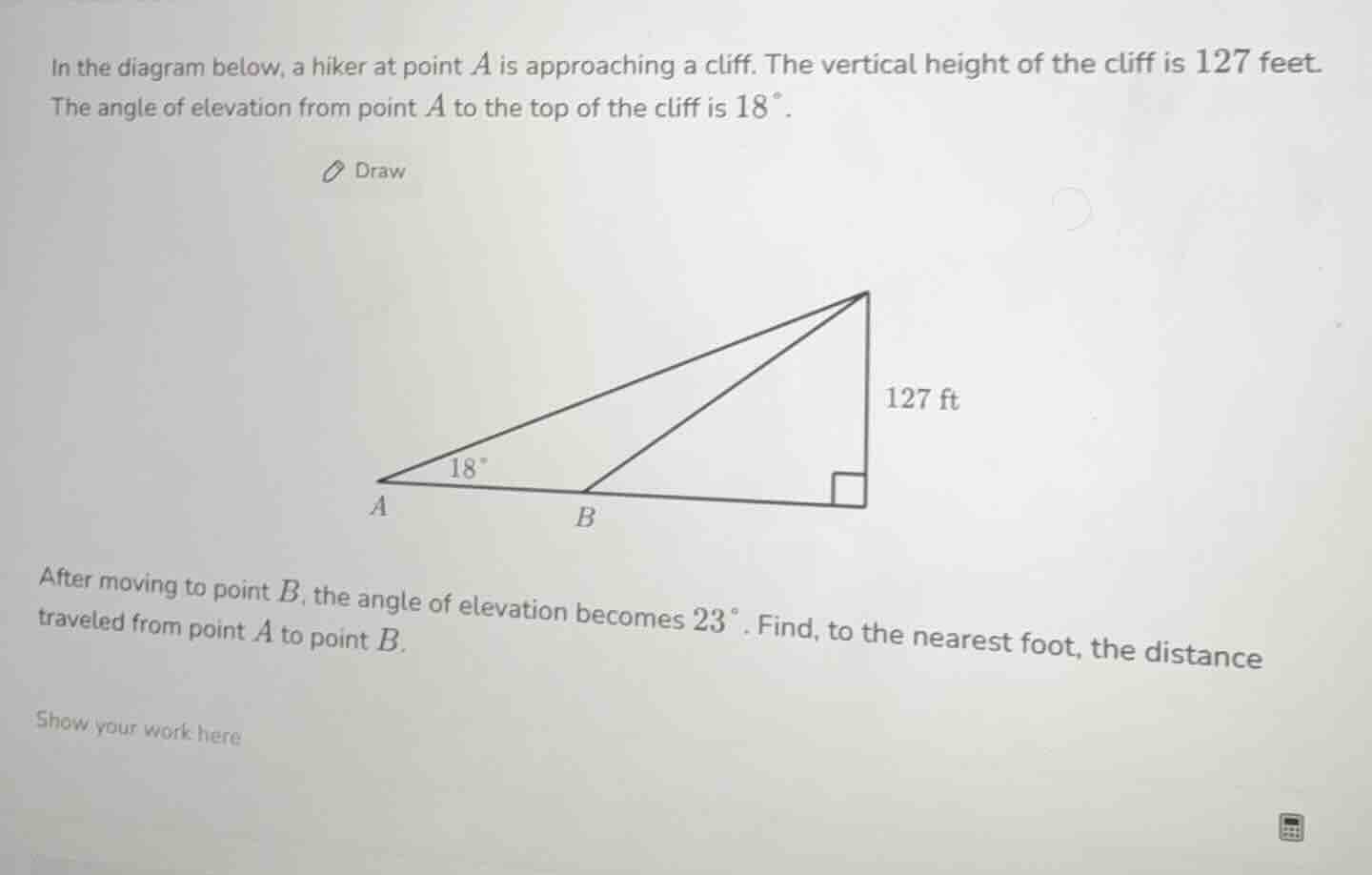in the diagram below, a hiker at point $a$ is approaching a cliff. the …