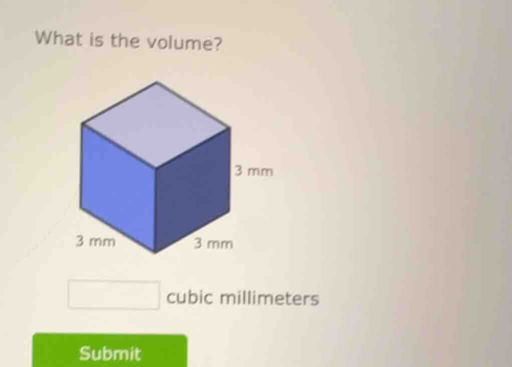 what is the volume? 3 mm 3 mm 3 mm cubic millimeters submit