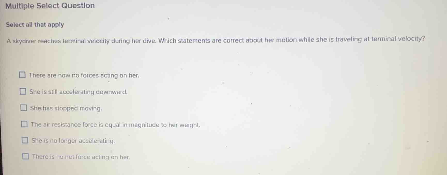 multiple select question select all that apply a skydiver reaches termi…