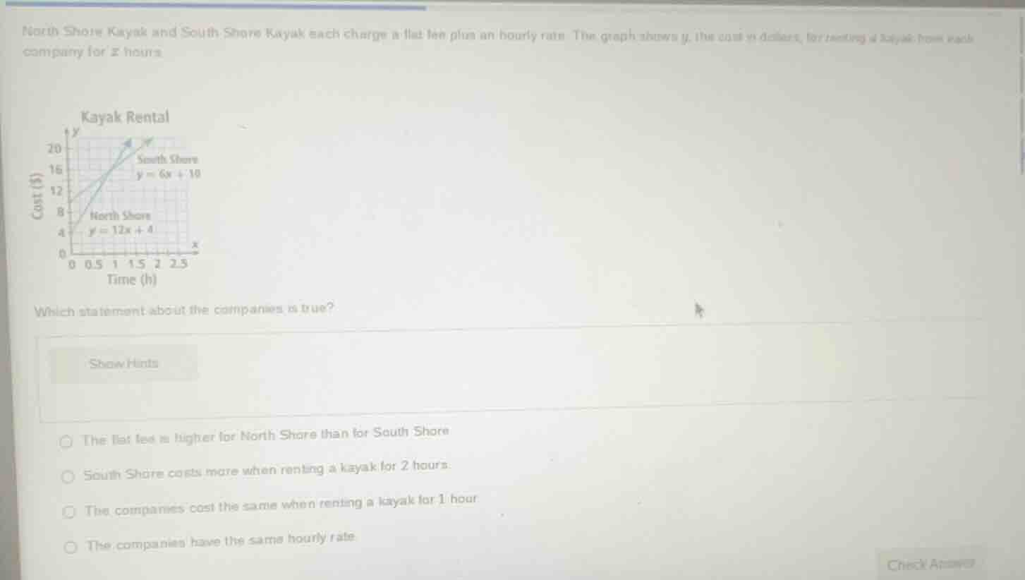 north shore kayak and south shore kayak each charge a flat fee plus an …