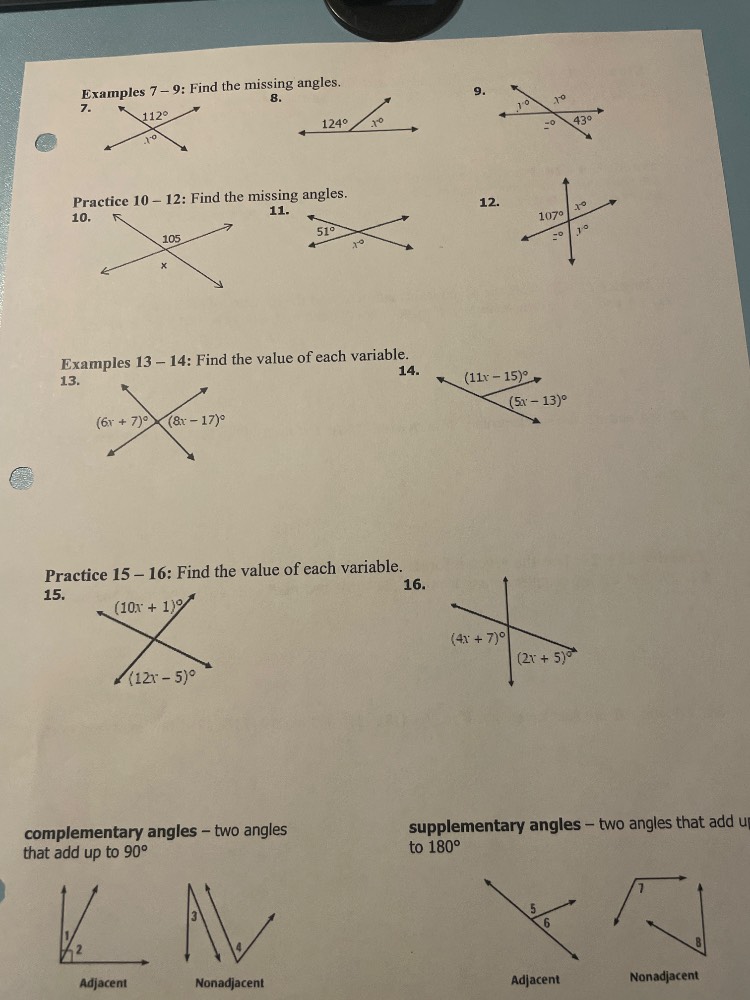examples 7 - 9: find the missing angles. 7. $112^\\circ$ $x^\\circ$ 8. …