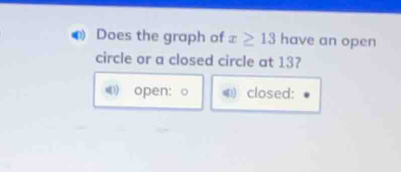does the graph of $x \\geq 13$ have an open circle or a closed circle a…