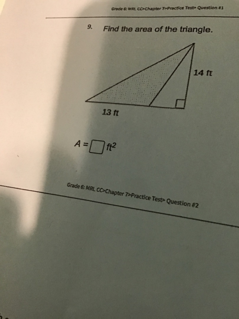 grade 6: mrl cc>chapter 7>practice test> question #1 9. find the area o…
