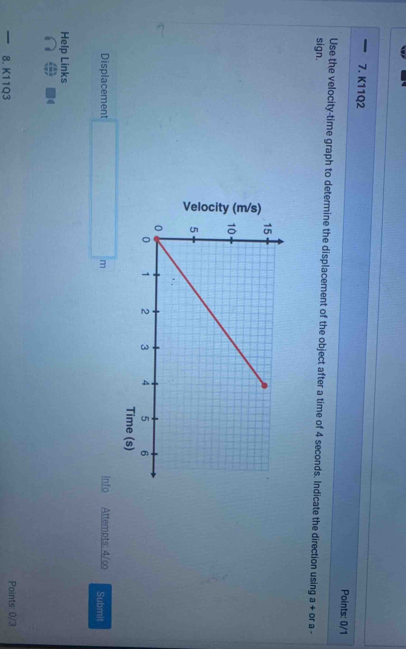 7. k11q2 points: 0/1 use the velocity-time graph to determine the displ…