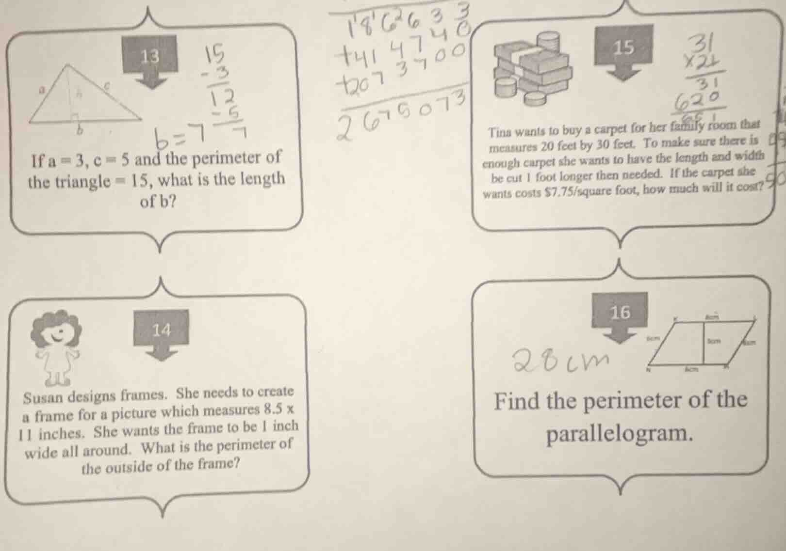 13 if $a = 3$, $c = 5$ and the perimeter of the triangle = 15, what is …