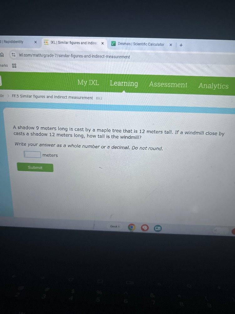 a shadow 9 meters long is cast by a maple tree that is 12 meters tall. …