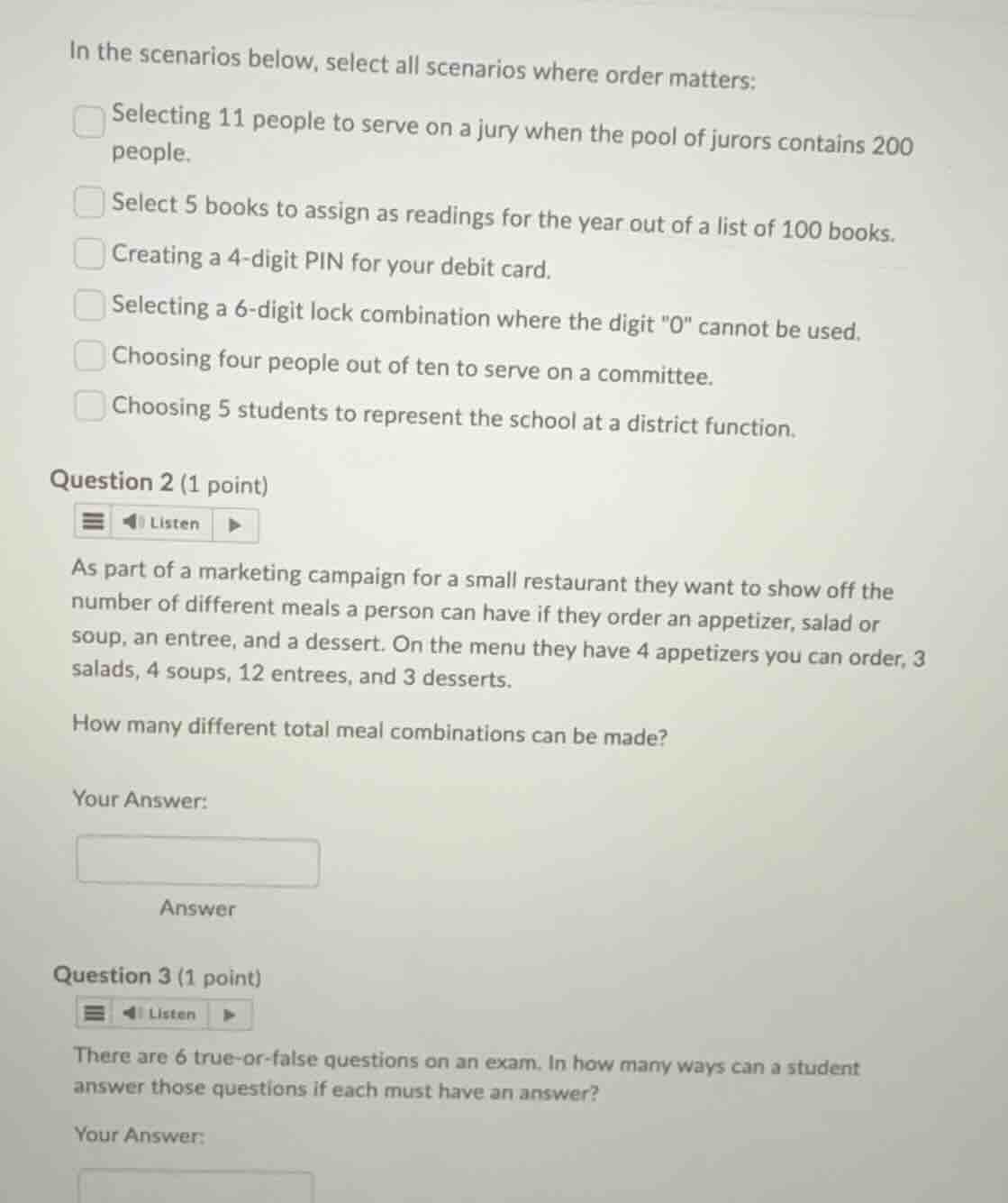 in the scenarios below, select all scenarios where order matters: □ sel…