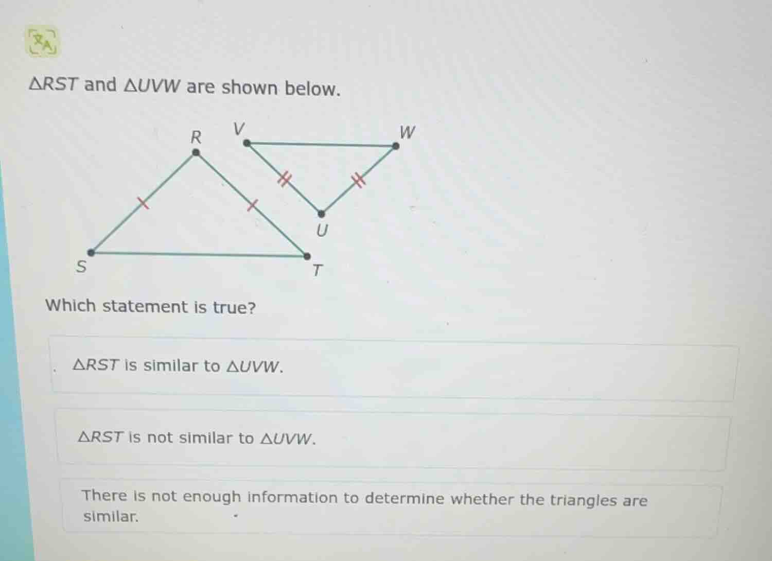 $\\triangle rst$ and $\\triangle uvw$ are shown below. which statement …