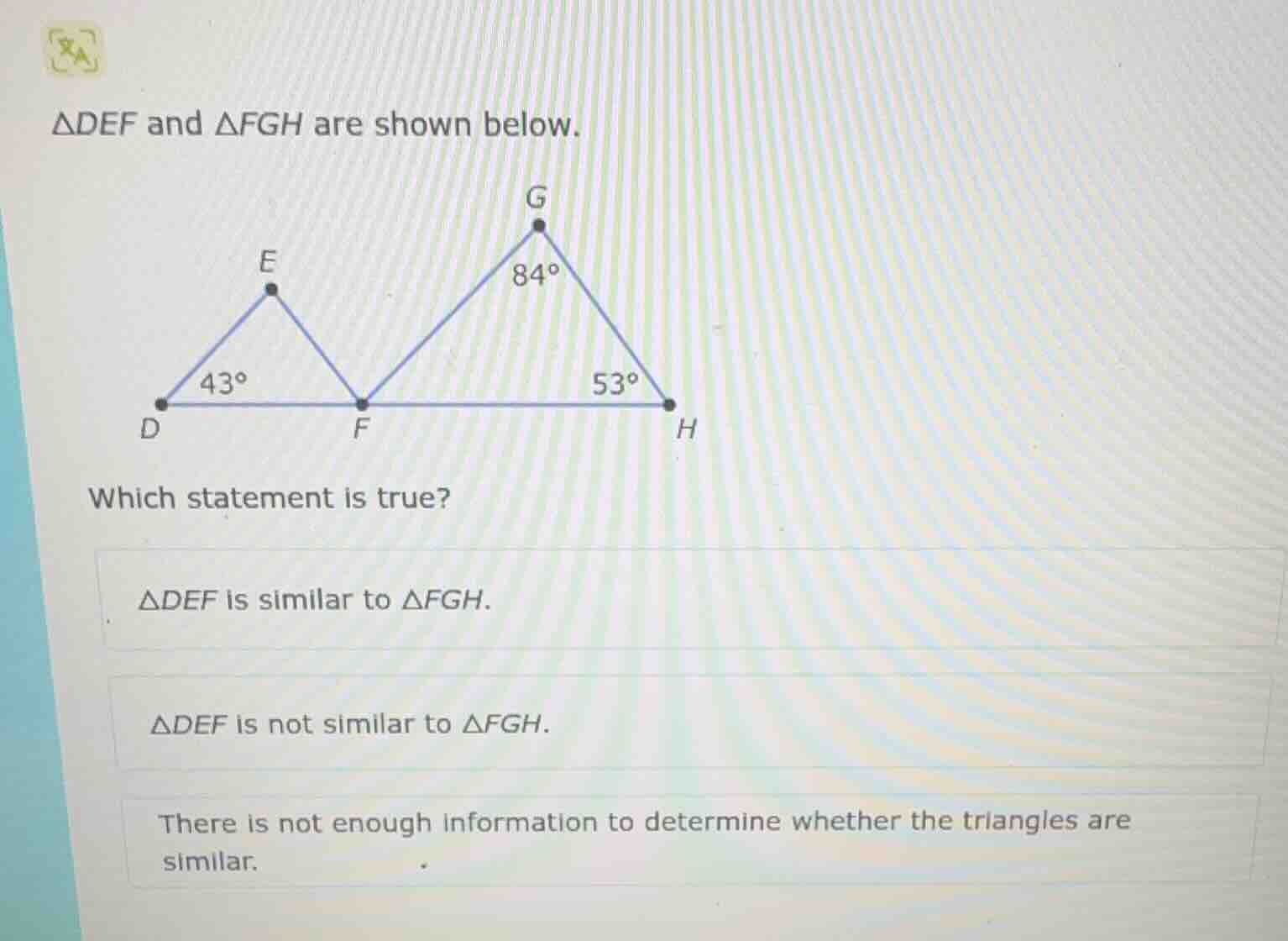 $\\triangle def$ and $\\triangle fgh$ are shown below. which statement …