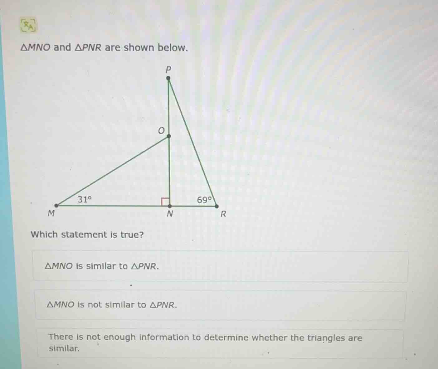 $\\triangle mno$ and $\\triangle pnr$ are shown below. which statement …