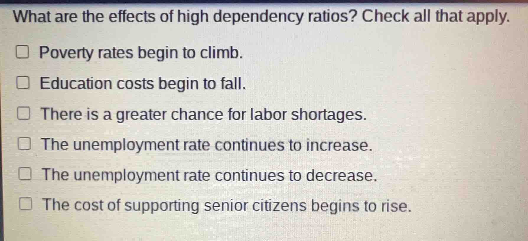 what are the effects of high dependency ratios? check all that apply. □…