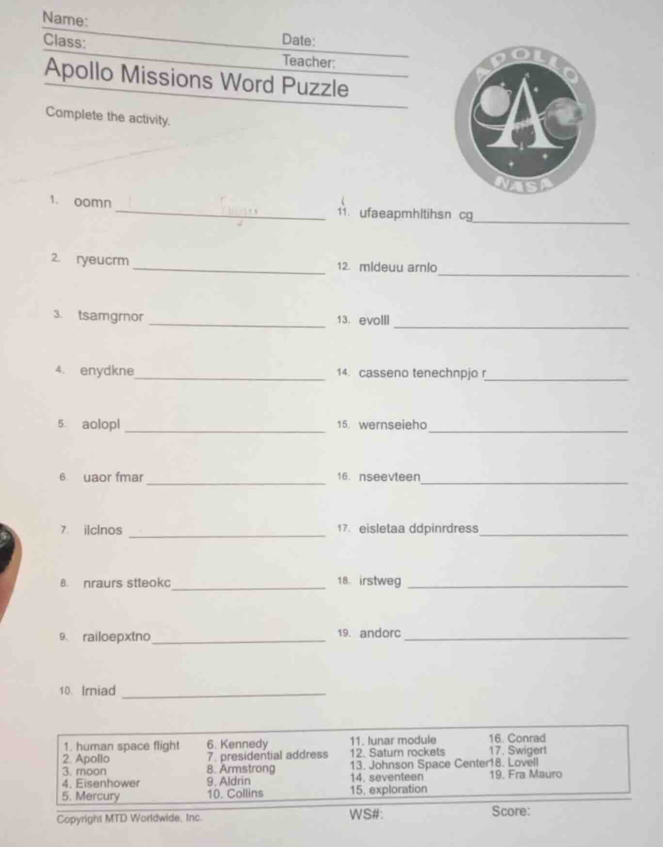 name:class:date:teacher:apollo missions word puzzlecomplete the activit…