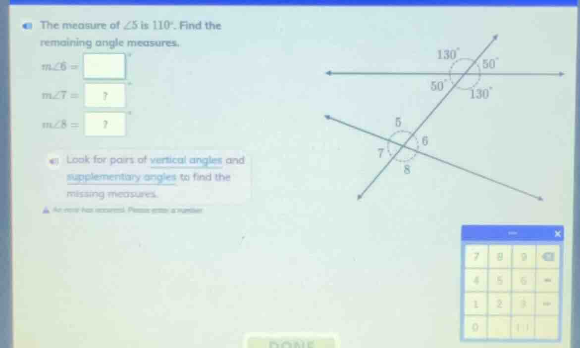 the measure of $angle 5$ is $110^\\circ$. find the remaining angle meas…