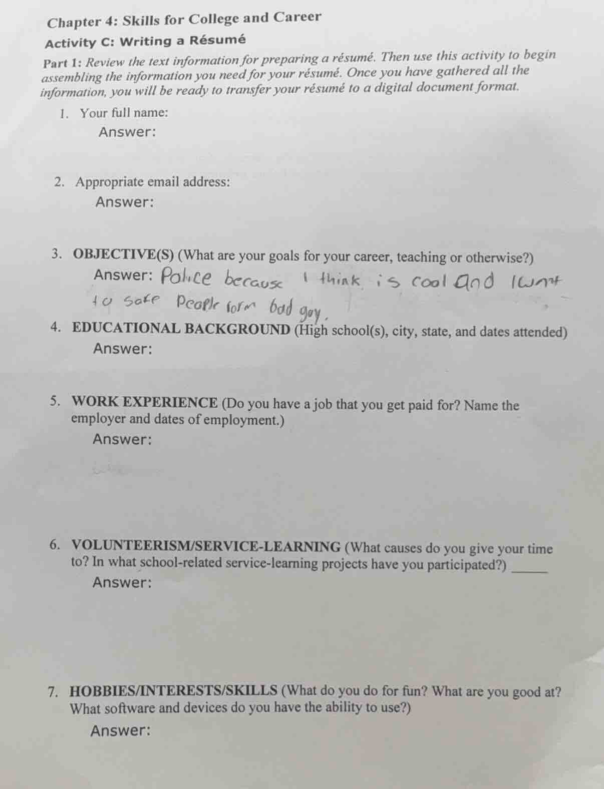 chapter 4: skills for college and career activity c: writing a résumé p…