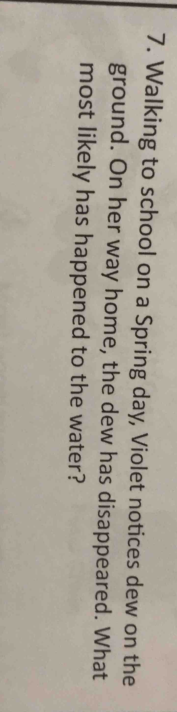 7. walking to school on a spring day, violet notices dew on the ground.…