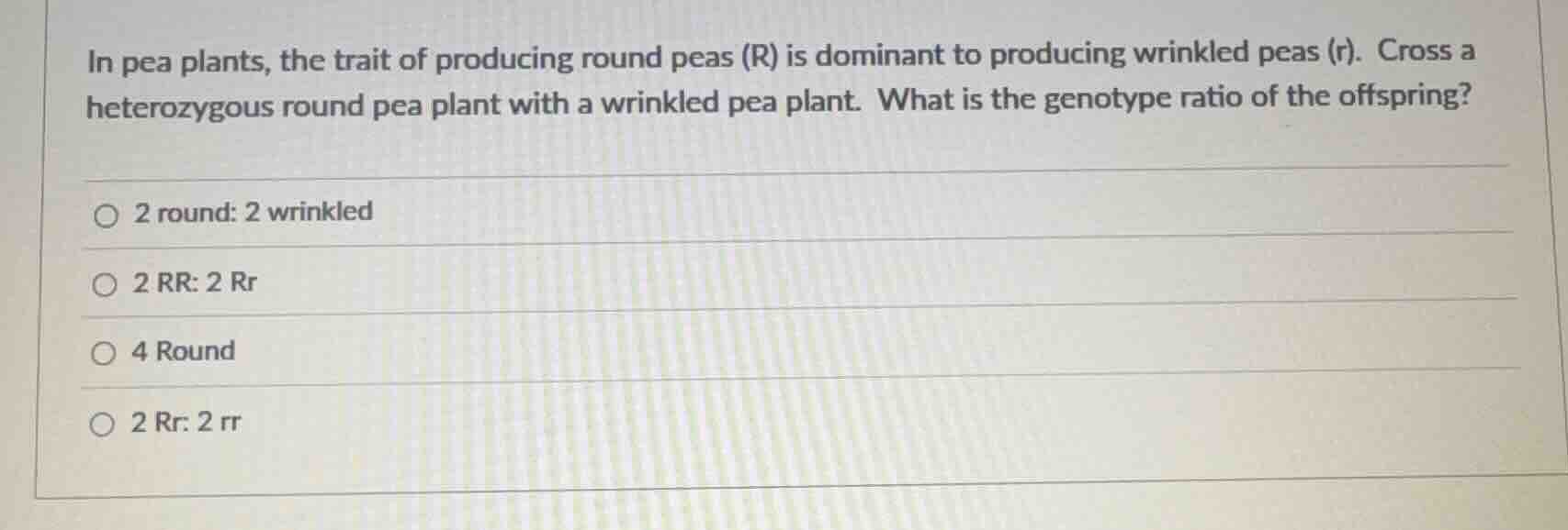 in pea plants, the trait of producing round peas (r) is dominant to pro…