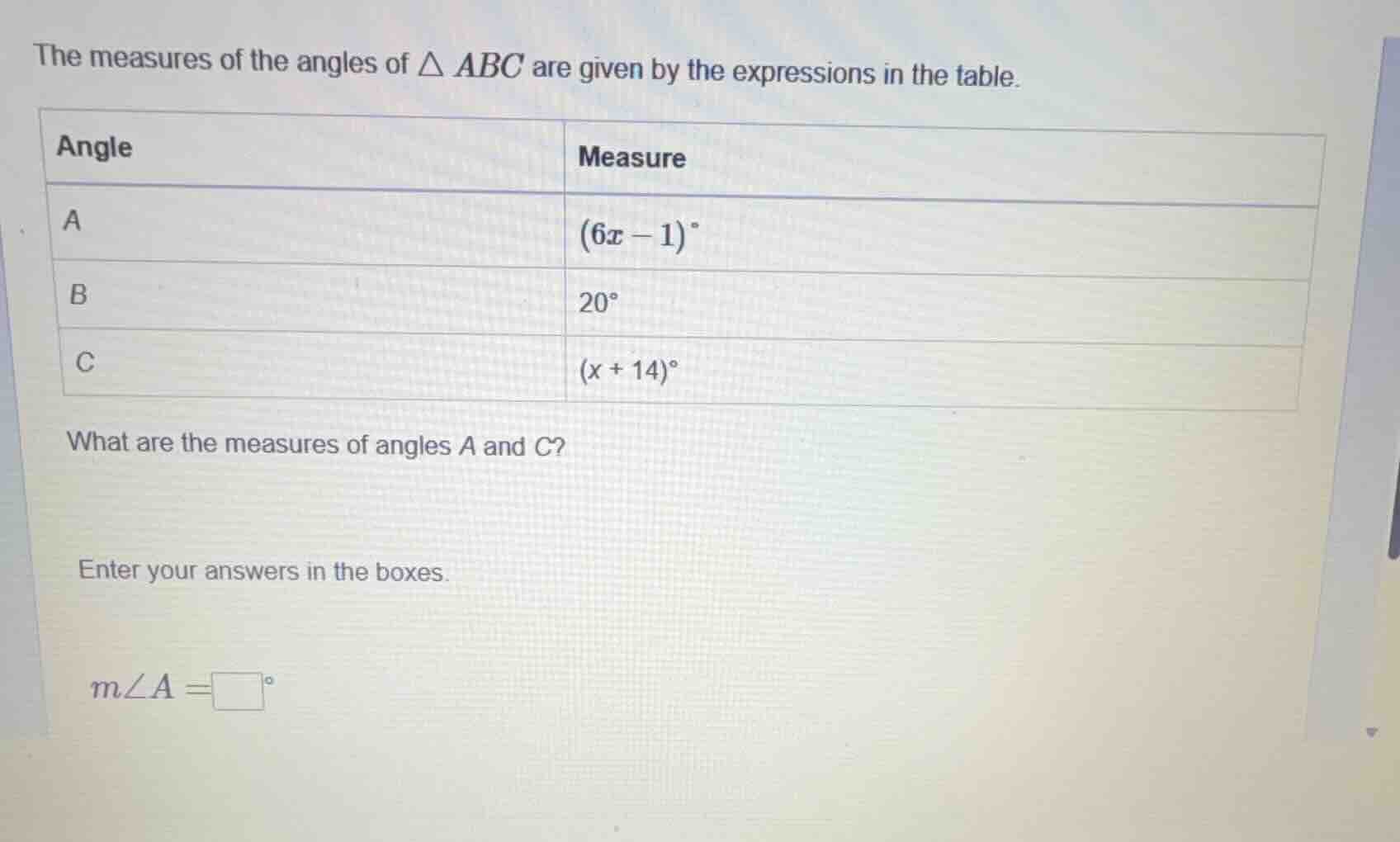 the measures of the angles of $\triangle abc$ are given by the expressi…