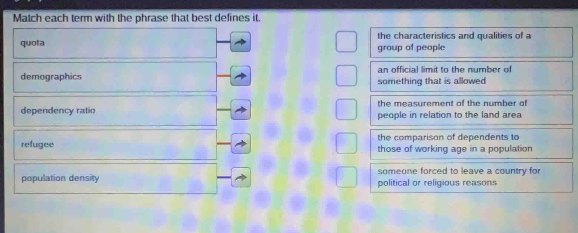 match each term with the phrase that best defines it. quota demographic…