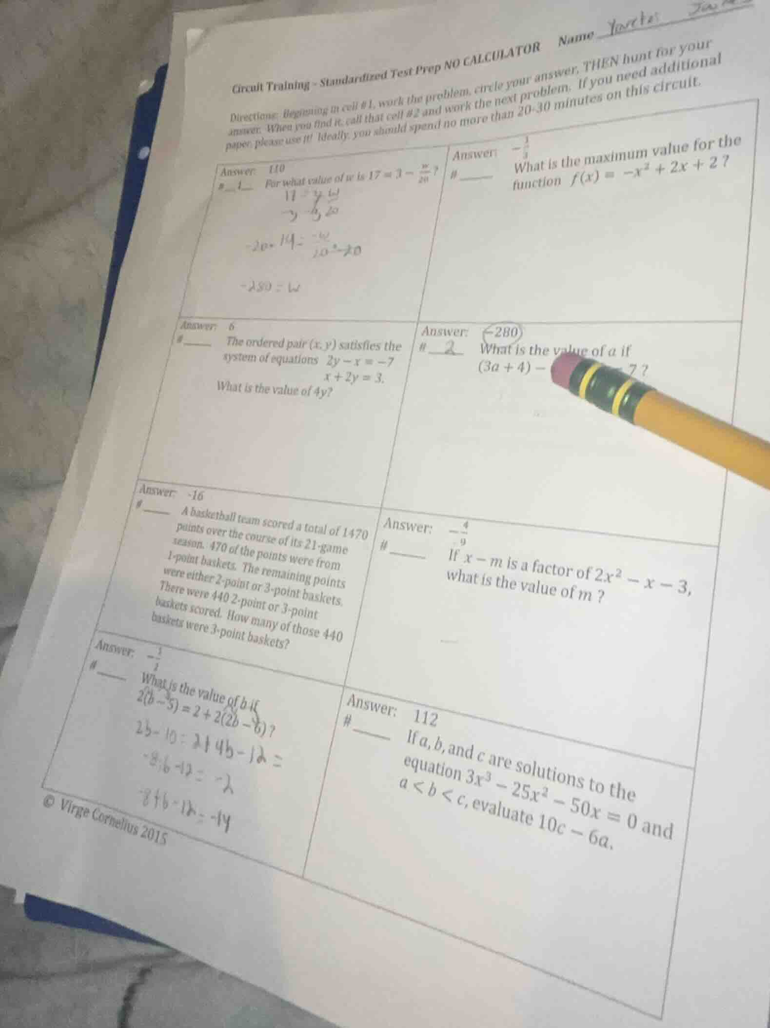 circuit training - standardized test prep no calculator name directions…