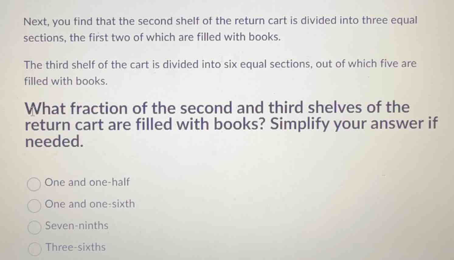 next, you find that the second shelf of the return cart is divided into…
