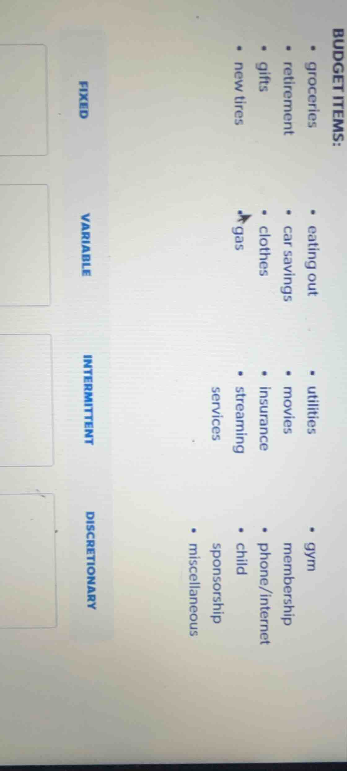 budget items:• groceries• retirement• gifts• new tires• eating out• car…