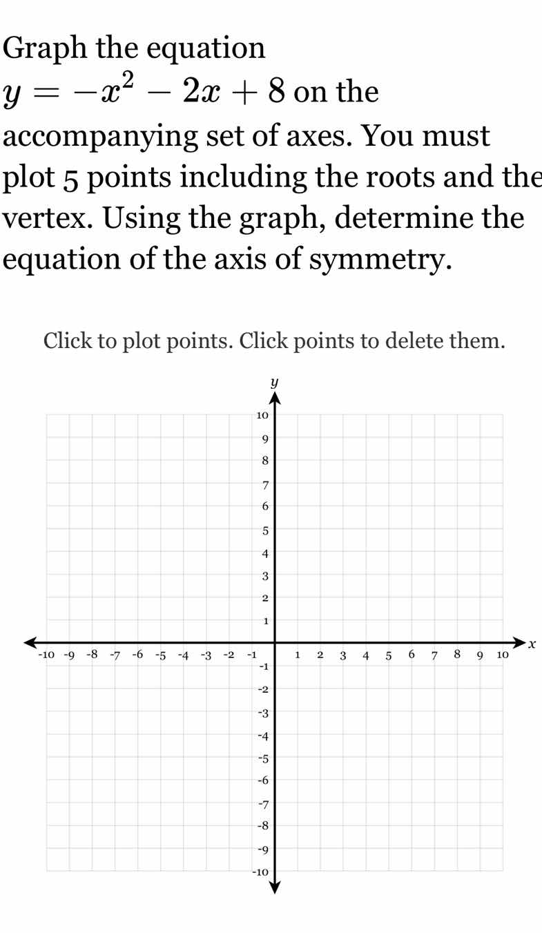 graph the equation $y = -x^2 - 2x + 8$ on the accompanying set of axes.…