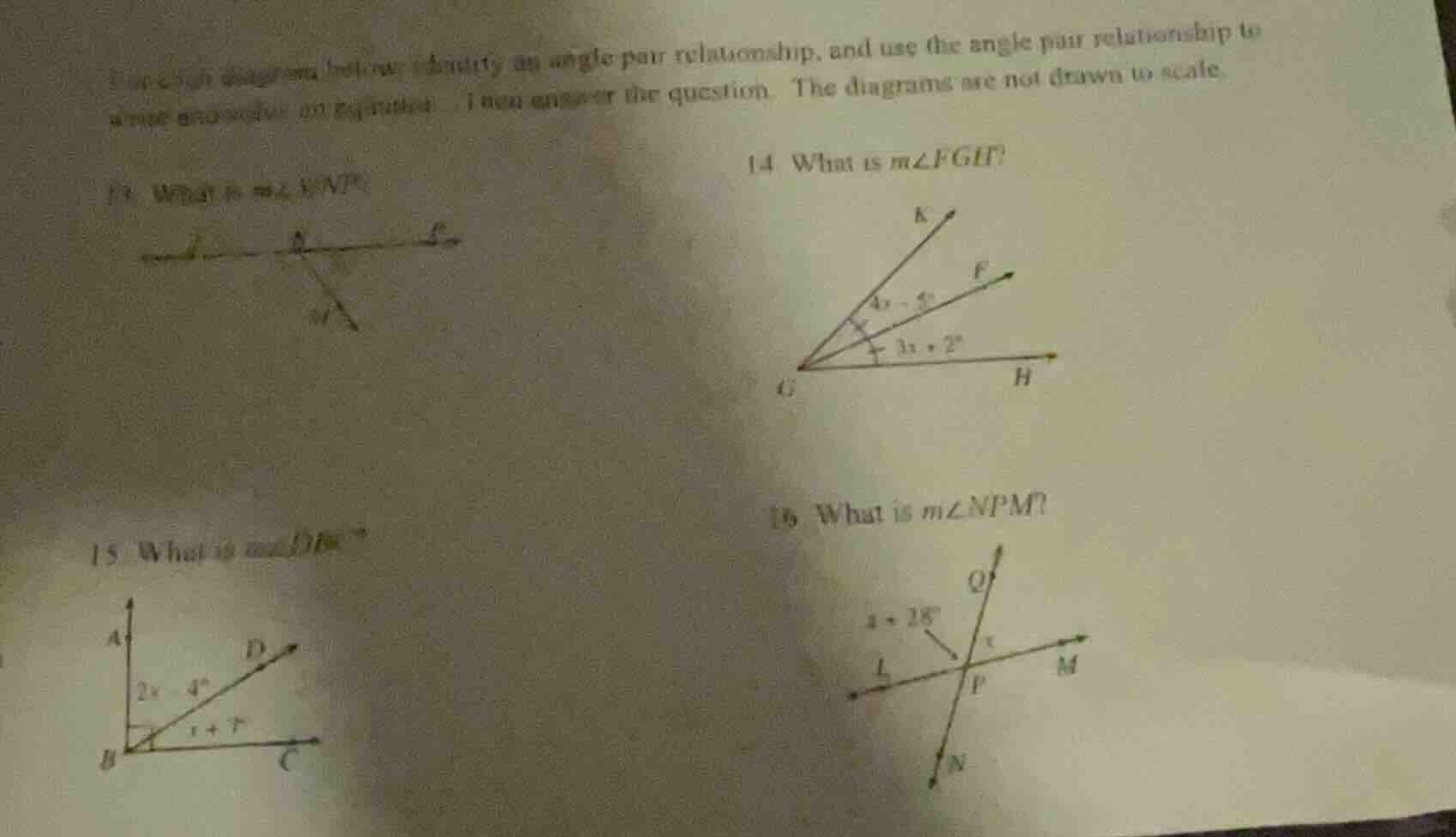 for each diagram below, identify an angle pair relationship, and use th…