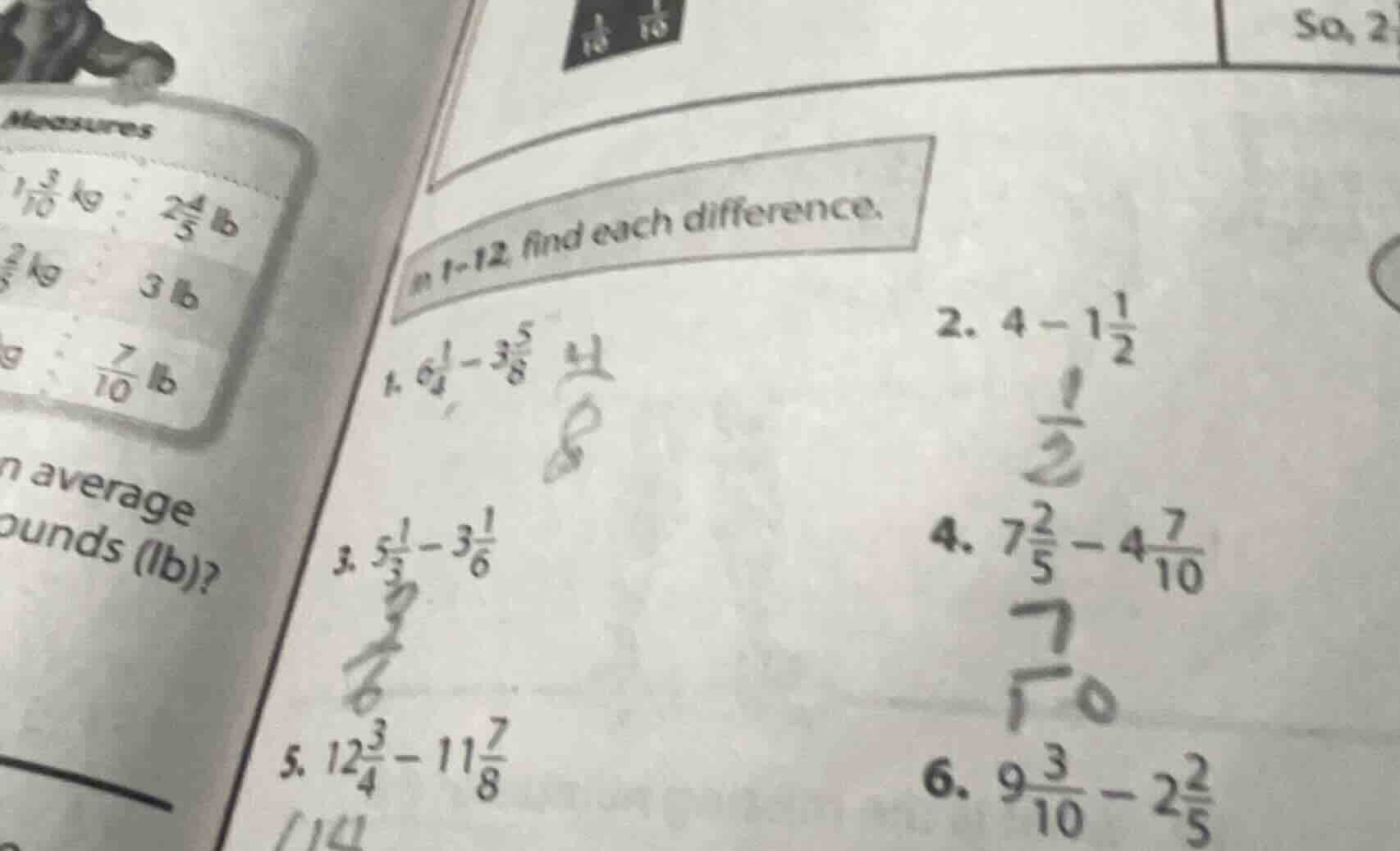 in 1-12, find each difference. 1. $6\\frac{1}{4}-3\\frac{5}{8}$ 2. $4-1…