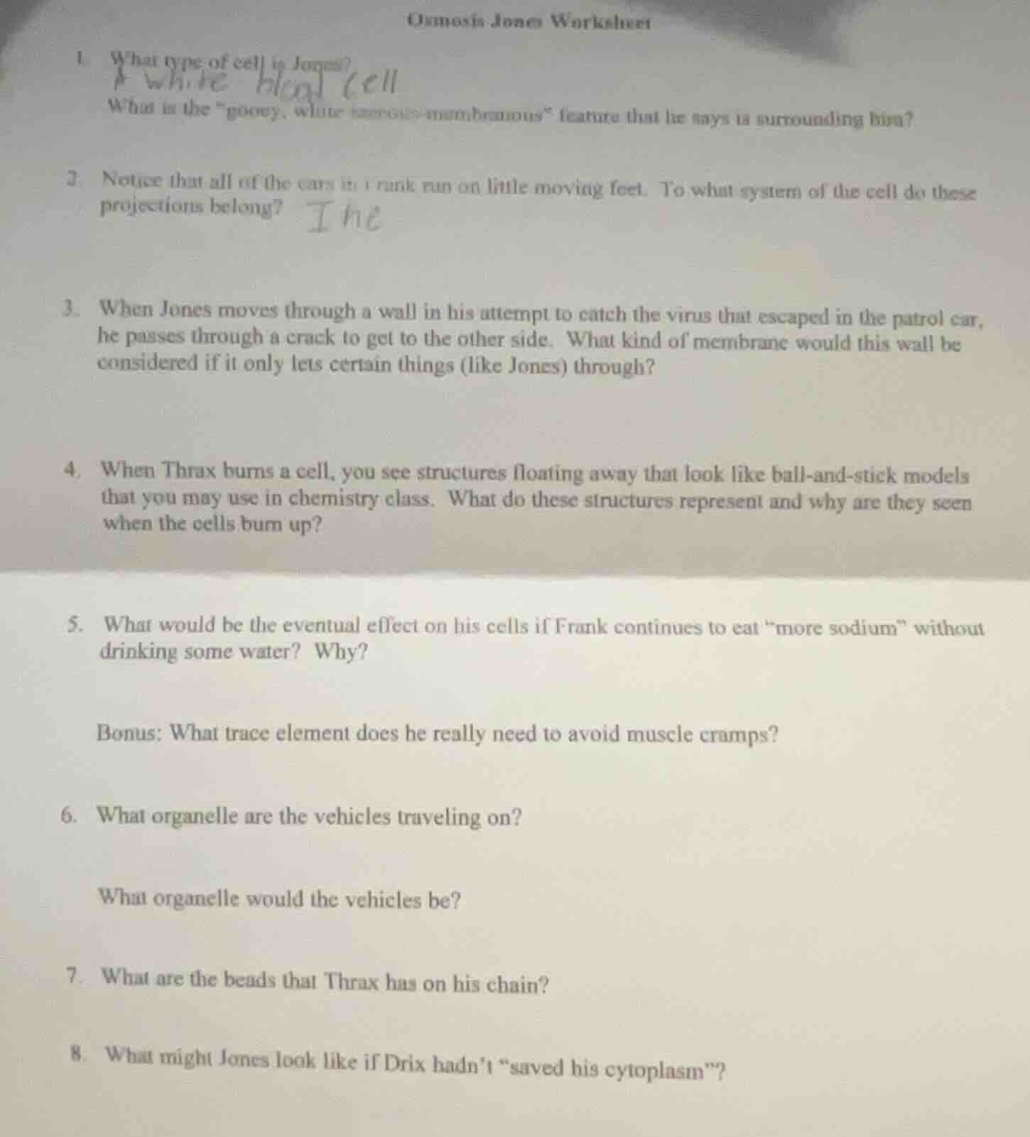 osmosis jones worksheet 1. what type of cell is jones? what is the \goo…