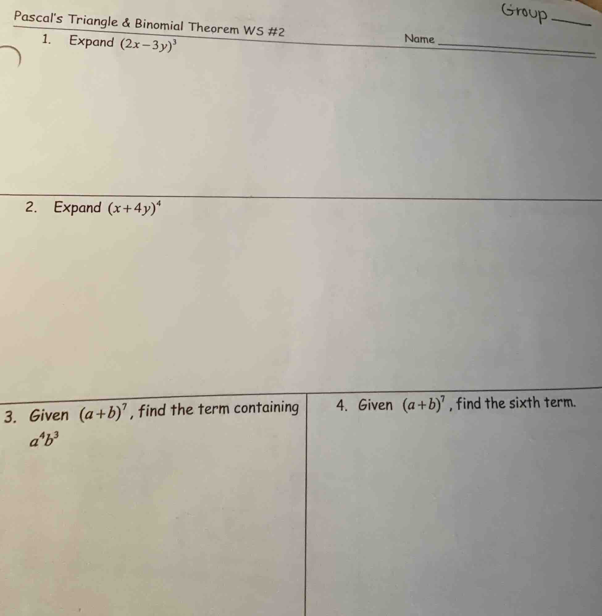 pascals triangle & binomial theorem ws #2 name group 1. expand $(2x-3y)…