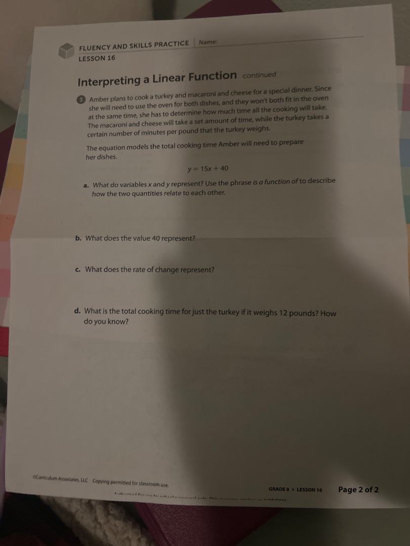 fluency and skills practice name: lesson 16 interpreting a linear funct…