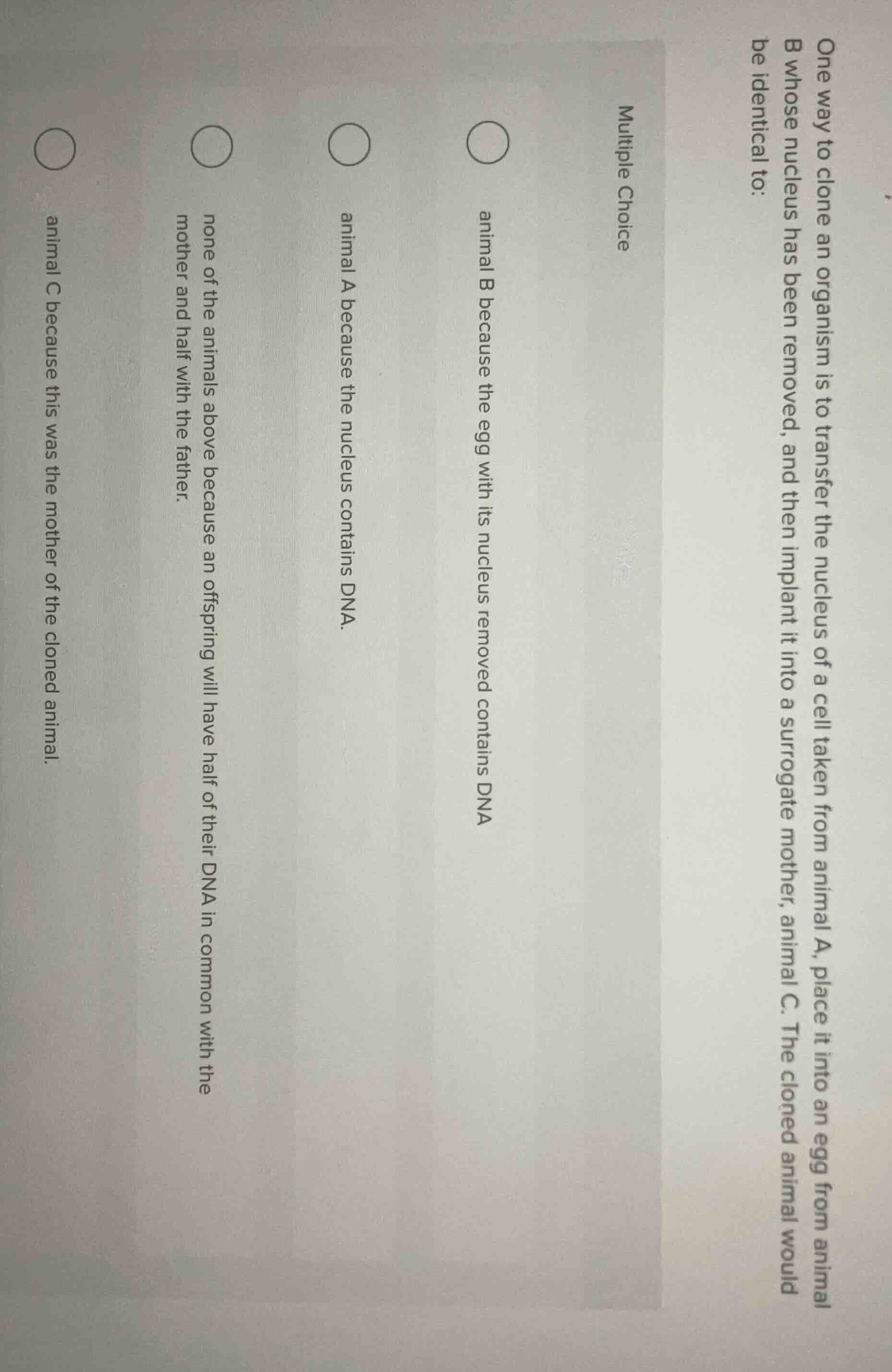 multiple choice one way to clone an organism is to transfer the nucleus…