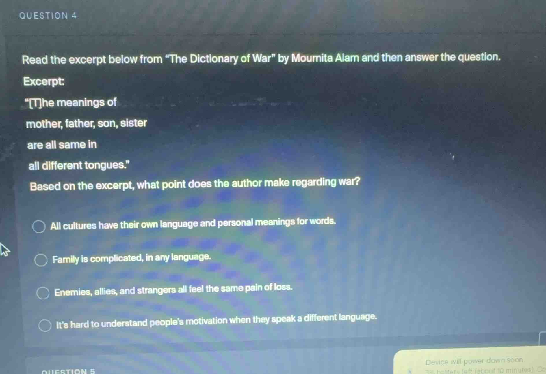 question 4 read the excerpt below from \the dictionary of war\ by moumi…