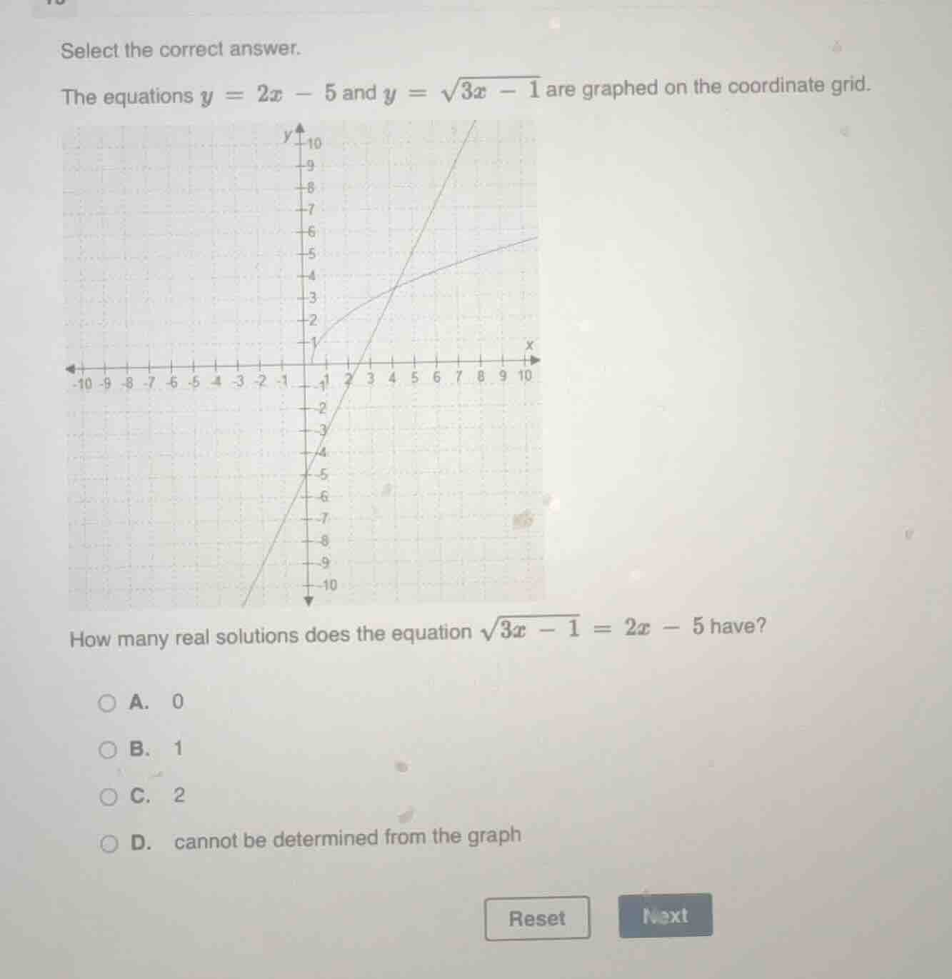 select the correct answer. the equations $y = 2x - 5$ and $y = \\sqrt{3…