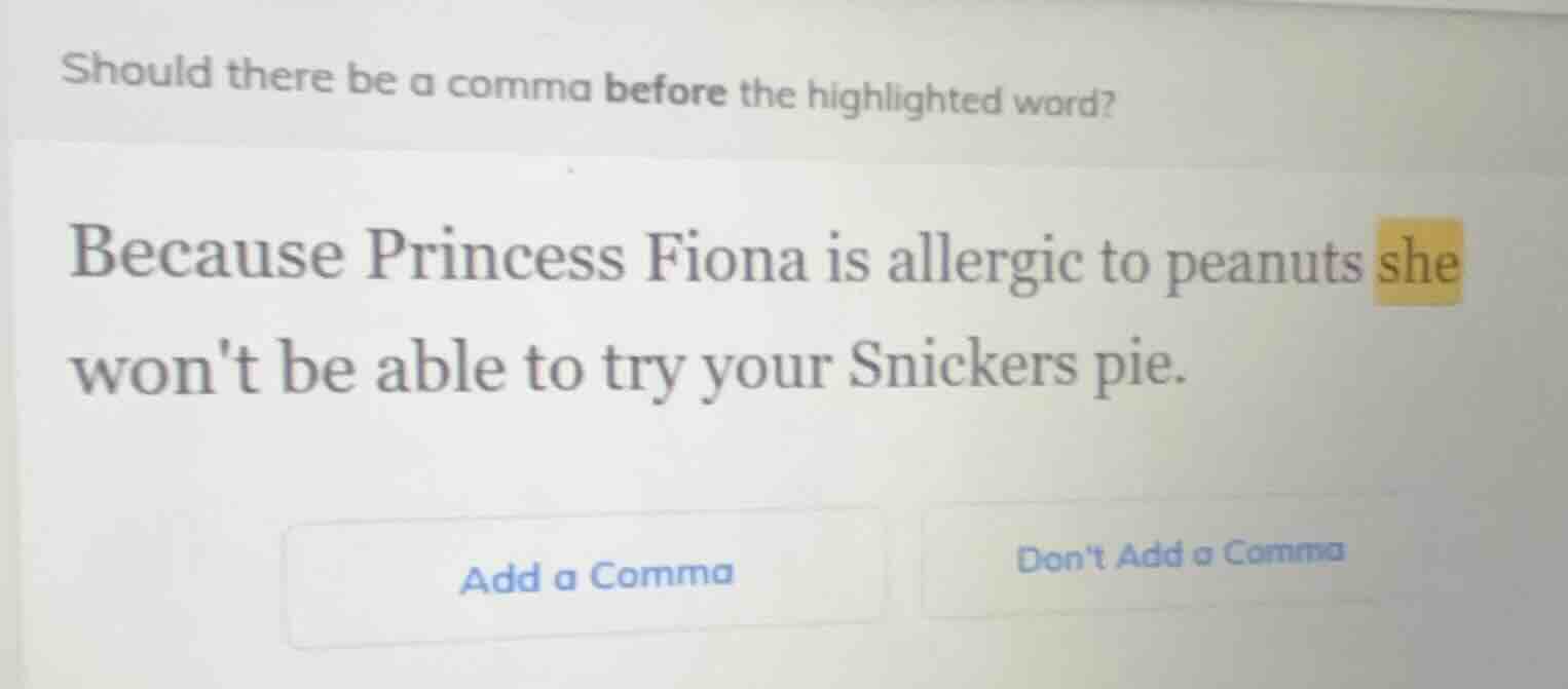 should there be a comma before the highlighted word? because princess f…