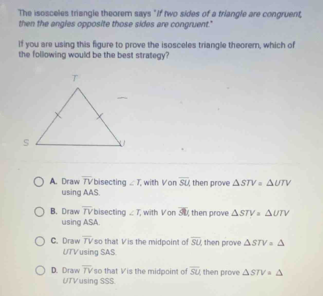 the isosceles triangle theorem says if two sides of a triangle are cong…