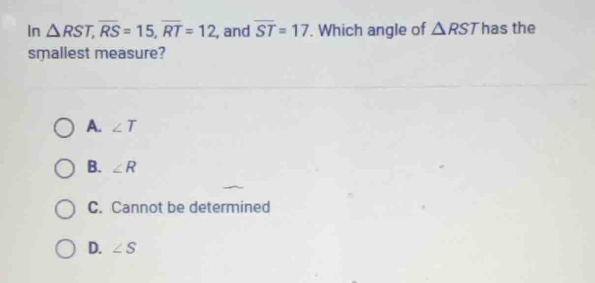 in $\triangle rst$, $overline{rs}=15$, $overline{rt}=12$, and $overline…