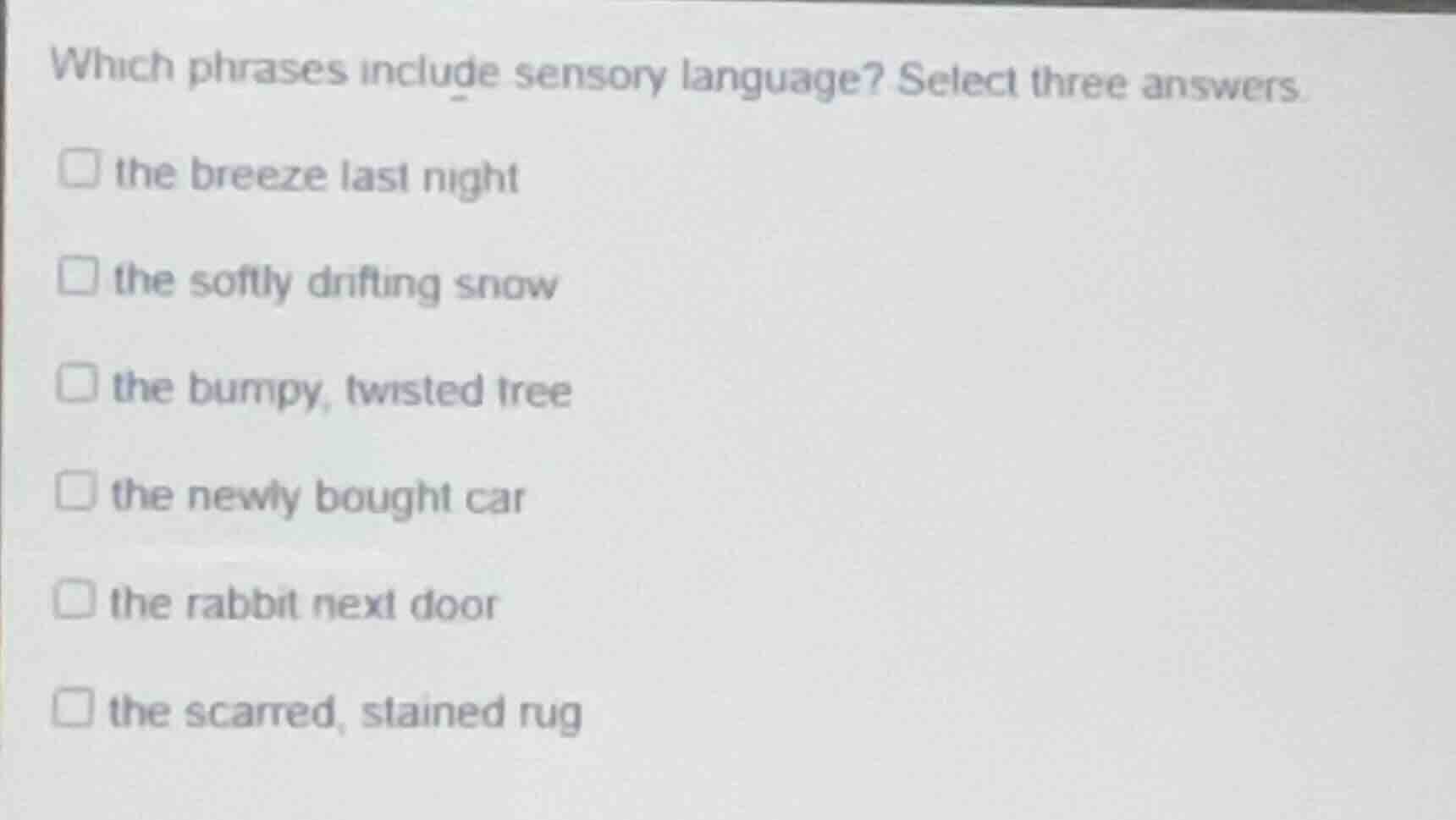 which phrases include sensory language? select three answers. □ the bre…