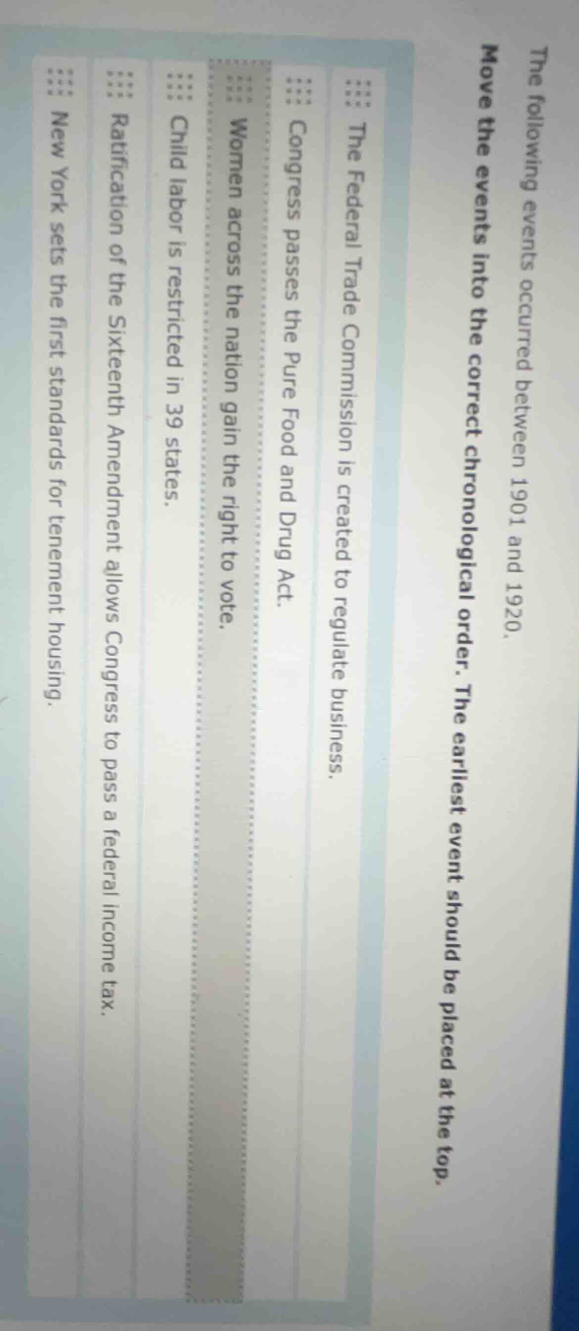 the following events occurred between 1901 and 1920. move the events in…