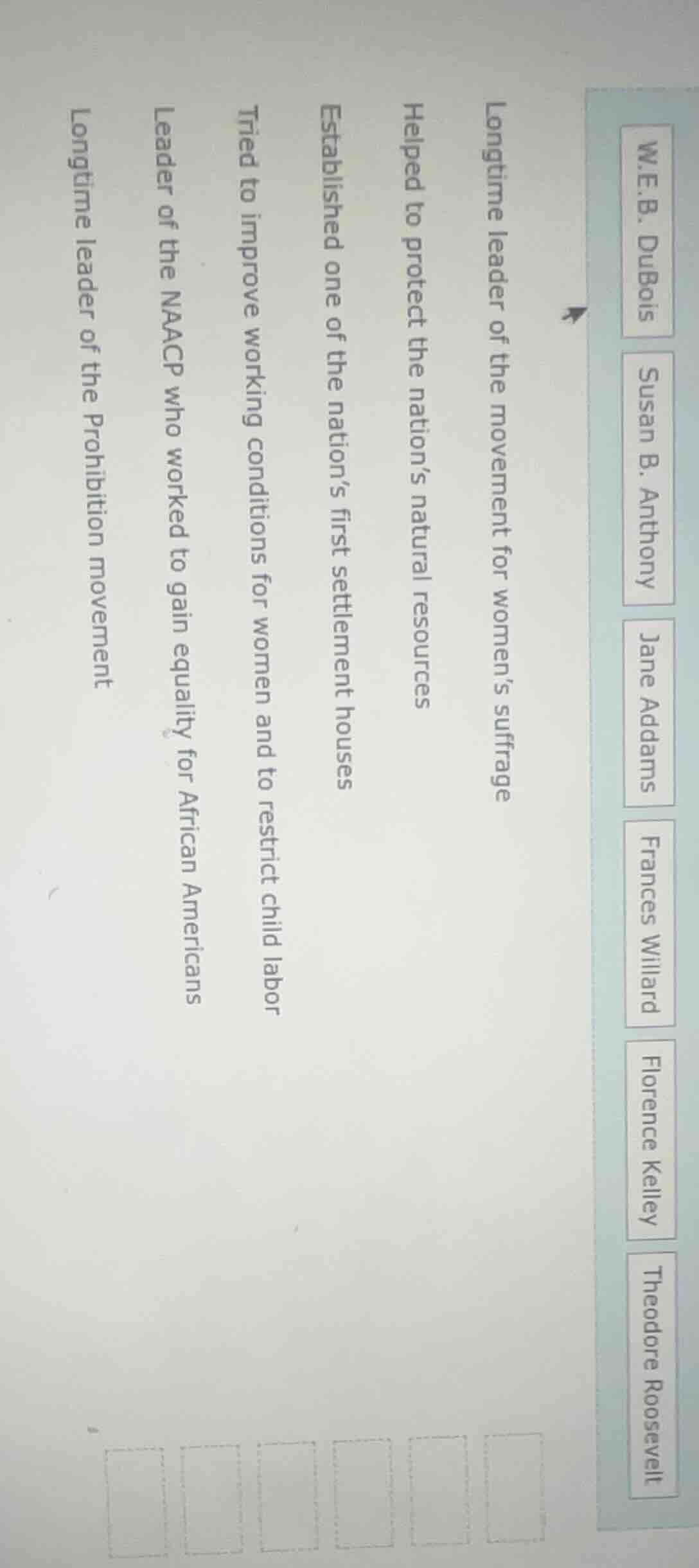 w.e.b. dubois susan b. anthony jane addams frances willard florence kel…