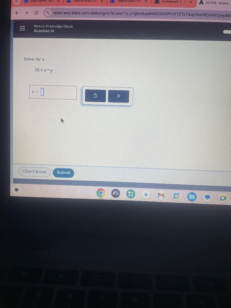 module knowledge check question 14 solve for x. $16+x=y$ $x=\\square$