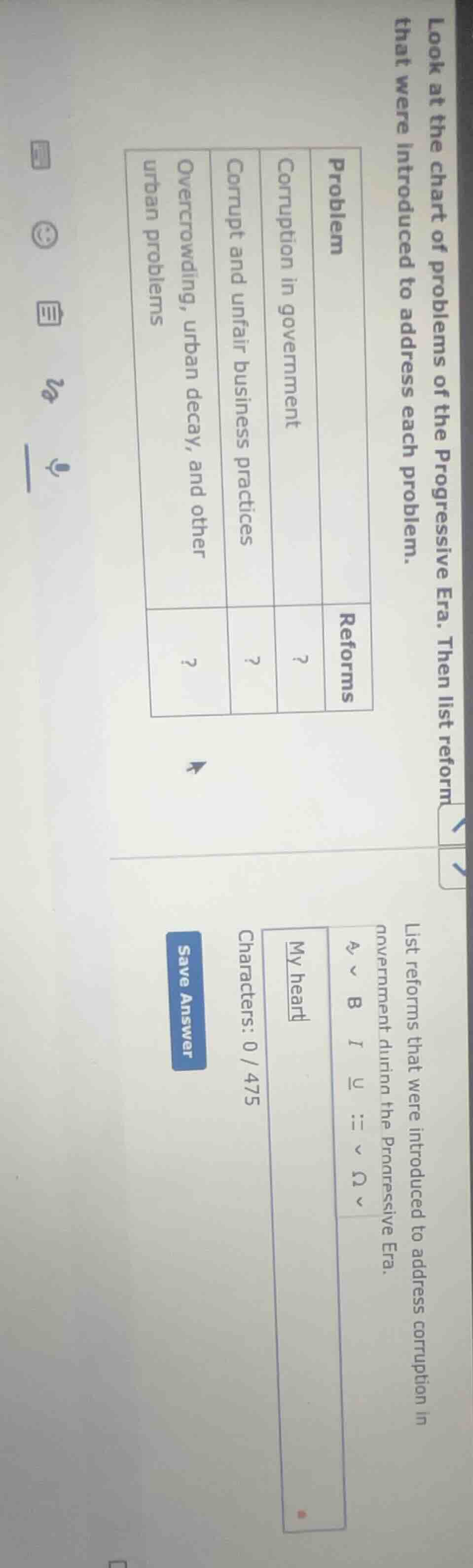 look at the chart of problems of the progressive era. then list reforms…
