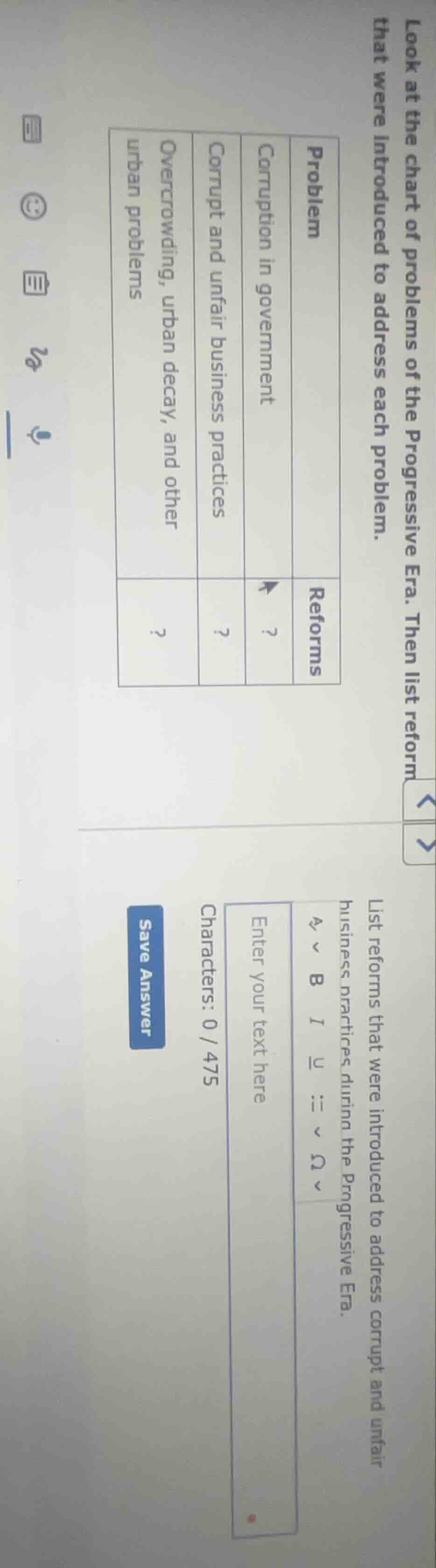 look at the chart of problems of the progressive era. then list reforms…
