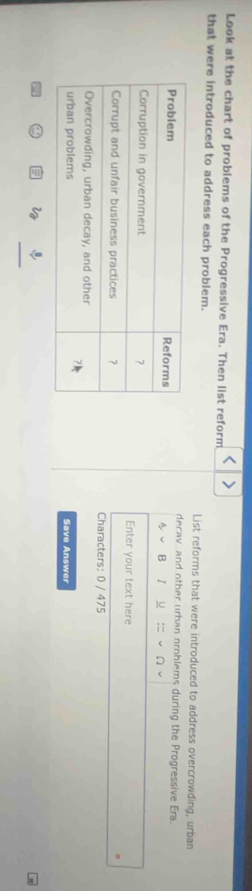 look at the chart of problems of the progressive era. then list reforms…