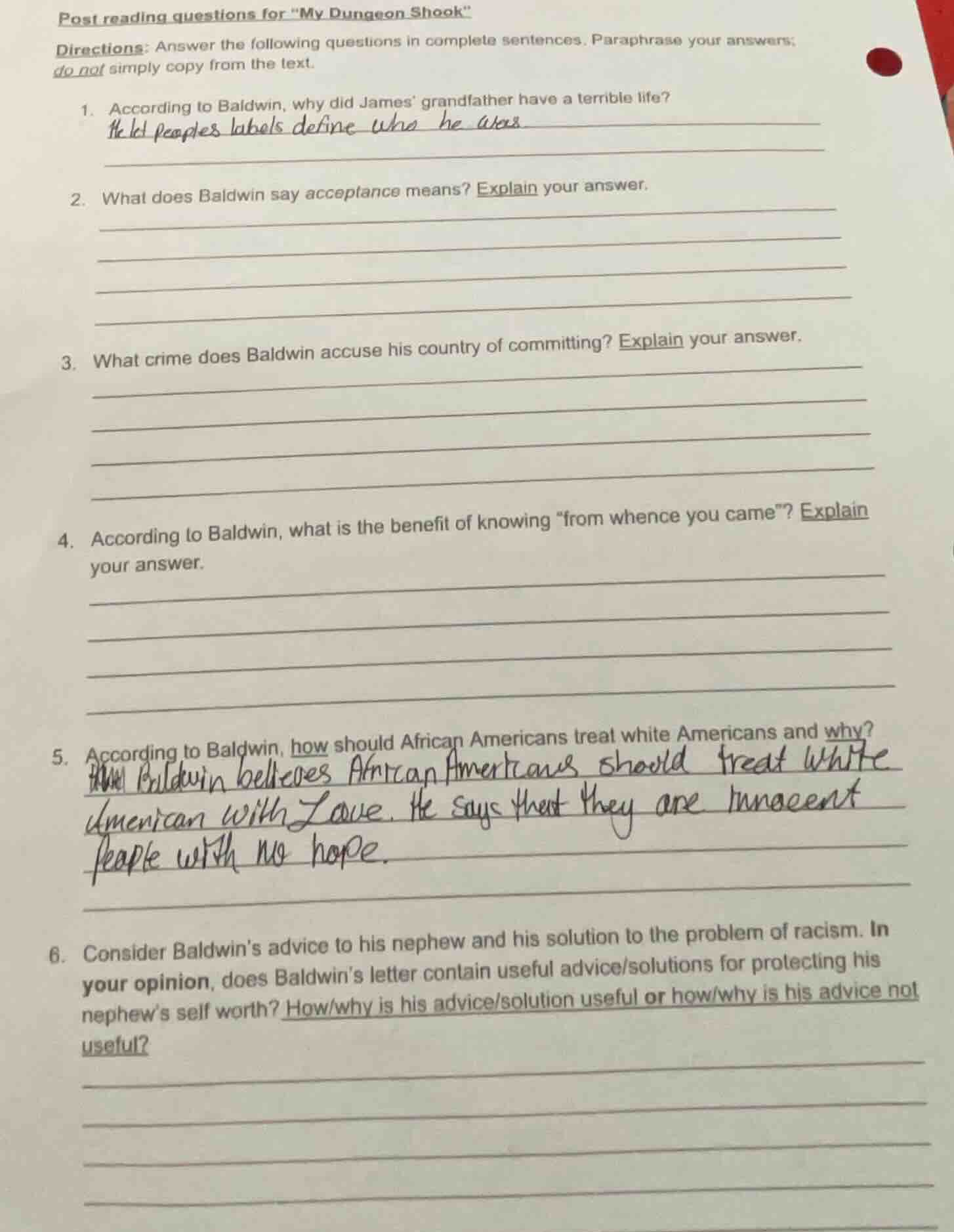 post reading questions for \my dungeon shook\directions: answer the fol…